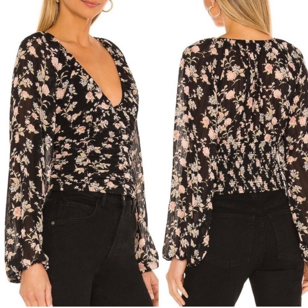 Free People New Final Rose Blouse in Black Combo Smocked Back Size Medium